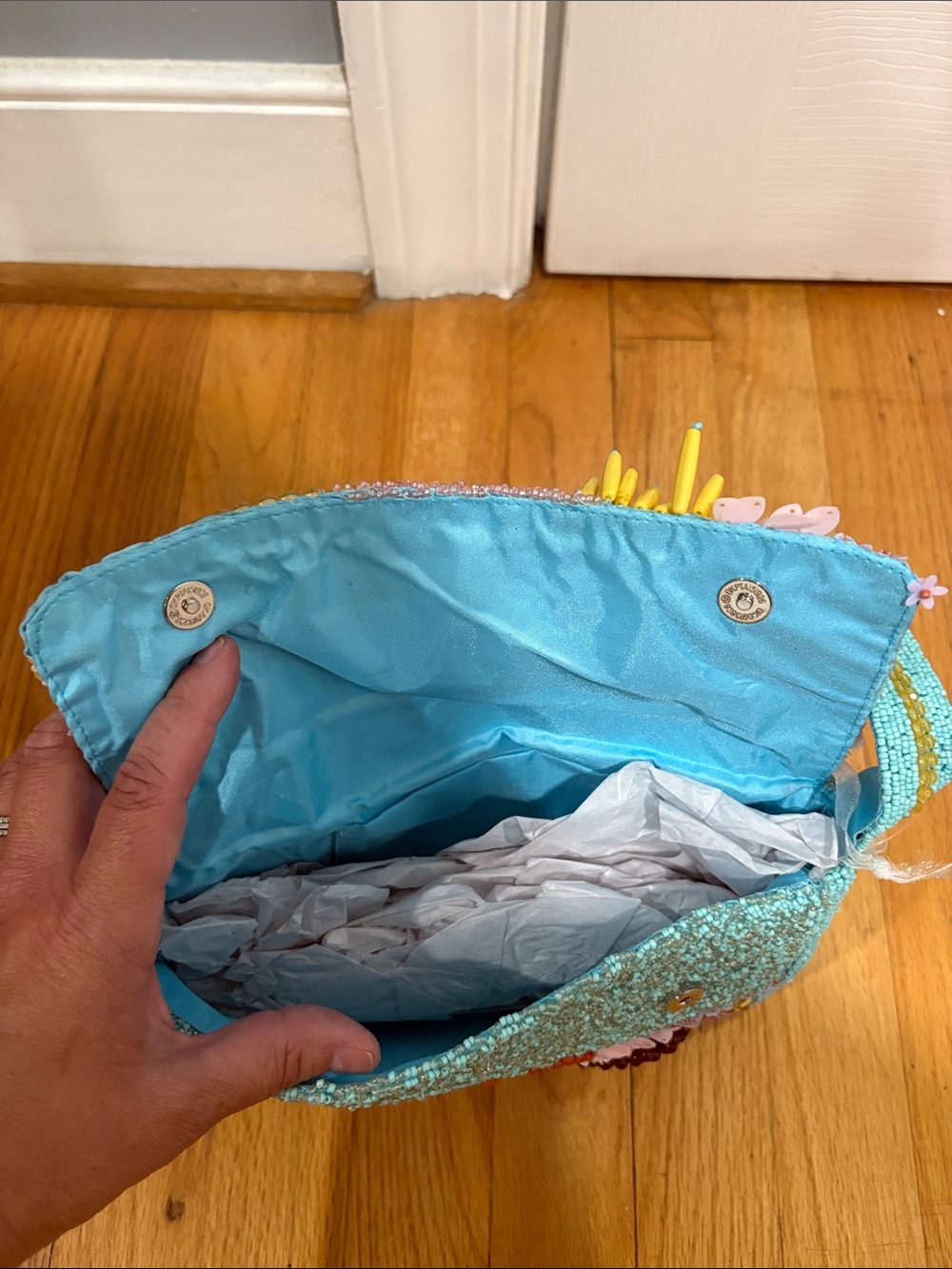 Turquoise Beaded Shoulder Bag with Multicolor Embellishments - Picture 3 of 3